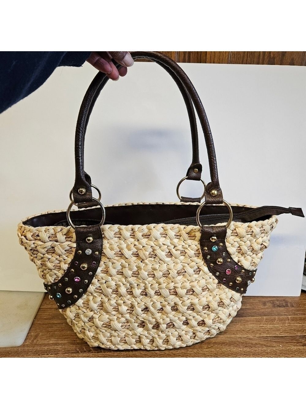 Straw Basket Weave with Rhinestones Tote Bag